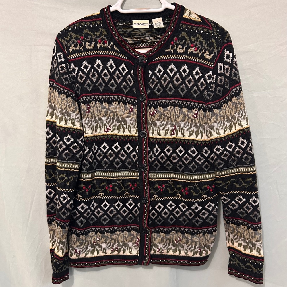 VTG Cherokee Womens M Black Fair Isle Cardigan Ramie Cotton Floral Knit Sweater